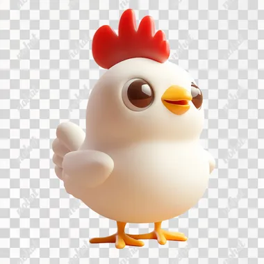 A highly detailed 3D icon of a cute and lively chicken, designed to be friendly and approachable. The chicken should have a round, plump body with smooth feathers in a bright white color, giving it a soft, fluffy appearance. Its face should be expressive with large, bright eyes that convey curiosity and playfulness, a small yellow beak with a slight smile, and a red comb on top of its head. The wings should be small and slightly lifted, suggesting movement or a playful stance, while the tail feathers should be rounded and slightly fanned out. The legs should be short and sturdy with bright yellow feet, adding to the overall charm. The design should feature subtle shadows and highlights to enhance the 3D effect, making the chicken appear lifelike and adorable. The background should be plain or a soft pastel color to ensure the chicken is the focal point, with soft lighting to create gentle shadows and enhance the 3D quality, perfect for use as an icon in apps, games, or digital content