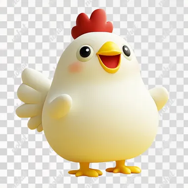 A highly detailed 3D icon of a cute and lively chicken, designed to be friendly and approachable. The chicken should have a round, plump body with smooth feathers in a bright white color, giving it a soft, fluffy appearance. Its face should be expressive with large, bright eyes that convey curiosity and playfulness, a small yellow beak with a slight smile, and a red comb on top of its head. The wings should be small and slightly lifted, suggesting movement or a playful stance, while the tail feathers should be rounded and slightly fanned out. The legs should be short and sturdy with bright yellow feet, adding to the overall charm. The design should feature subtle shadows and highlights to enhance the 3D effect, making the chicken appear lifelike and adorable. The background should be plain or a soft pastel color to ensure the chicken is the focal point, with soft lighting to create gentle shadows and enhance the 3D quality, perfect for use as an icon in apps, games, or digital content
