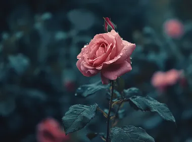 Beautiful pink rose in a garden, close-up, with a blurry dark green background, soft lighting, macro photography, high-definition photography, in the style of Nikon D850 raw format, focusing on the delicate petals and vibrant color of the flower.