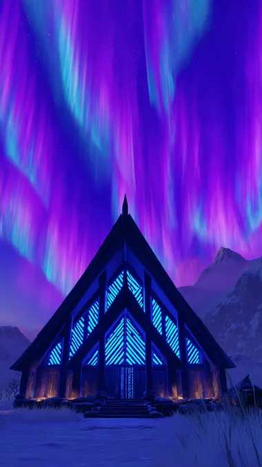 A frozen ice fortress**, glowing blue runes keeping it warm inside, auroras dancing above, Viking-inspired grandeur   rofile u361idx