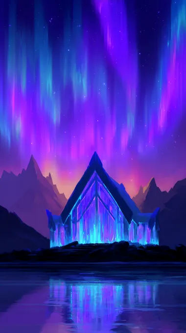 A frozen ice fortress**, glowing blue runes keeping it warm inside, auroras dancing above, Viking-inspired grandeur   rofile u361idx