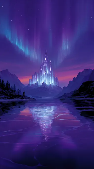 A frozen ice fortress**, glowing blue runes keeping it warm inside, auroras dancing above, Viking-inspired grandeur   rofile u361idx