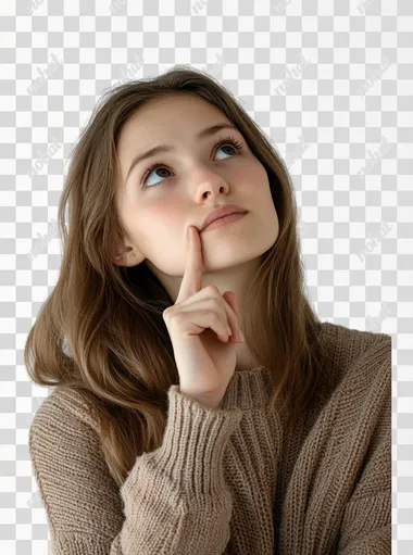 pretty young lady with finger on chin, eyes looking up, thinking pose. white background.
