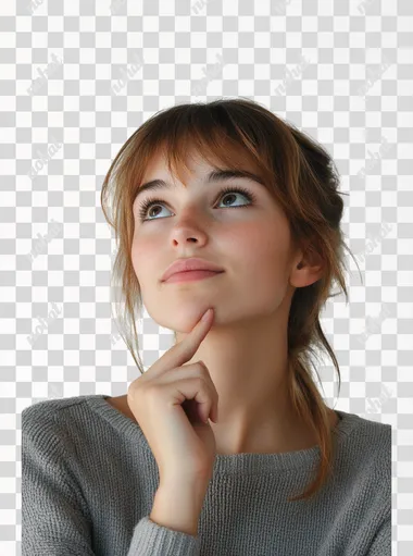 pretty young lady with finger on chin, eyes looking up, thinking pose. white background.