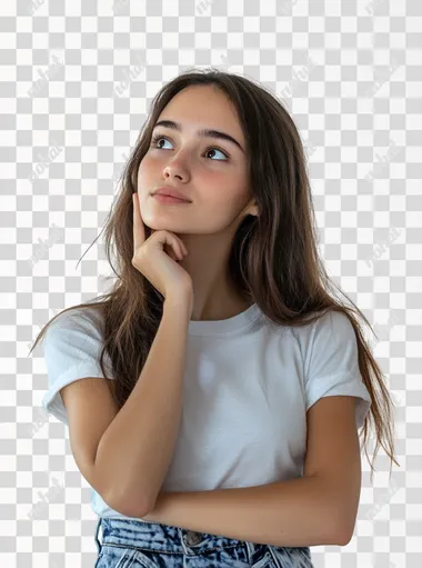 pretty young lady with finger on chin, eyes looking up, thinking pose. white background.