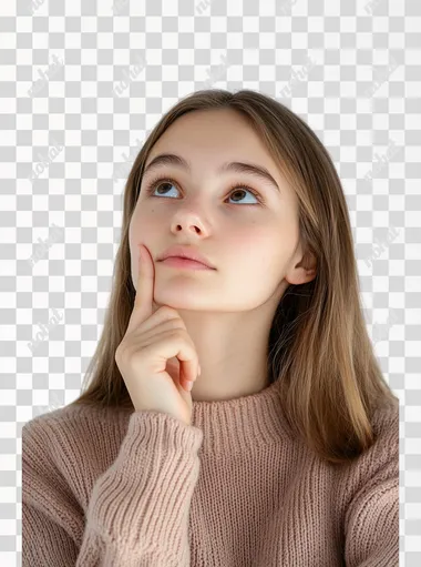pretty young lady with finger on chin, eyes looking up, thinking pose. white background.