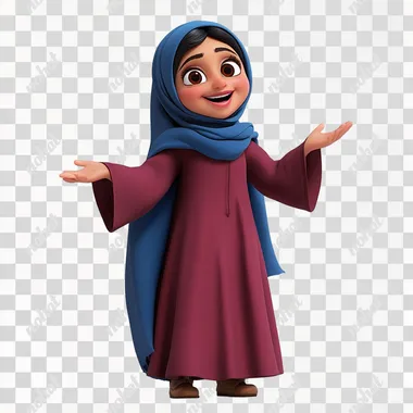 cartoon style. pixar style. no outline. 50 year old Arab Muslim woman. oval face. dark brown eyes. blue headscarf. maroon dress. brown shoes. happy expression, arms open wide for a hug. side view. white background.