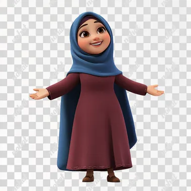 cartoon style. pixar style. no outline. 50 year old Arab Muslim woman. oval face. dark brown eyes. blue headscarf. maroon dress. brown shoes. happy expression, arms open wide for a hug. side view. white background.