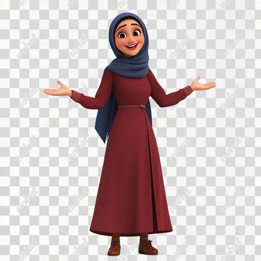 cartoon style. pixar style. no outline. 50 year old Arab Muslim woman. oval face. dark brown eyes. blue headscarf. maroon dress. brown shoes. happy expression, arms open wide for a hug. side view. white background.