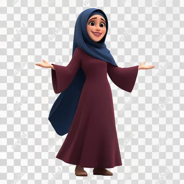 cartoon style. pixar style. no outline. 50 year old Arab Muslim woman. oval face. dark brown eyes. blue headscarf. maroon dress. brown shoes. happy expression, arms open wide for a hug. side view. white background.