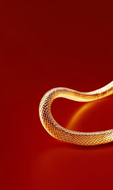 Empty space, a long delicate golden snake hovering and flying in the air, metallic snake, red background, depth of field   rofile ovhvwcr