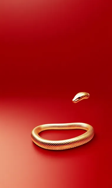 Empty space, a long delicate golden snake hovering and flying in the air, metallic snake, red background, depth of field   rofile ovhvwcr