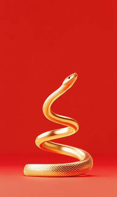 Empty space, a long delicate golden snake hovering and flying in the air, metallic snake, red background, depth of field   rofile ovhvwcr