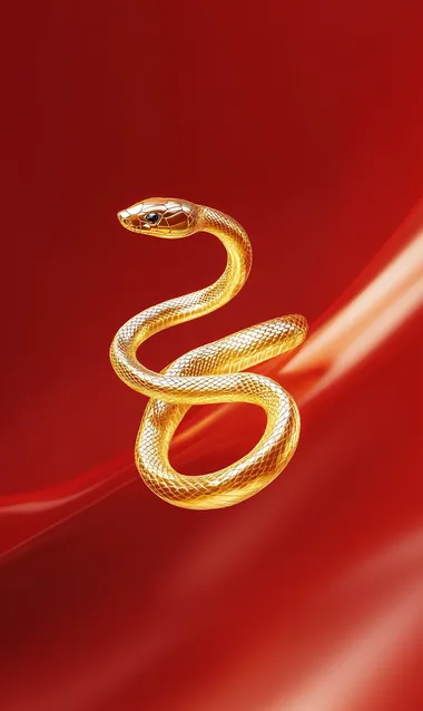 Empty space, a long delicate golden snake hovering and flying in the air, metallic snake, red background, depth of field   rofile ovhvwcr