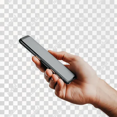 stock photo of a hand holding a smart phone, side view, white background