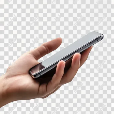 stock photo of a hand holding a smart phone, side view, white background