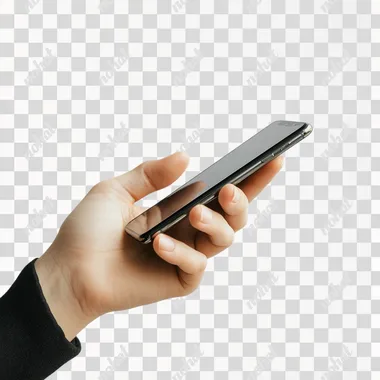 stock photo of a hand holding a smart phone, side view, white background