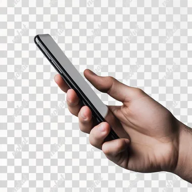 stock photo of a hand holding a smart phone, side view, white background