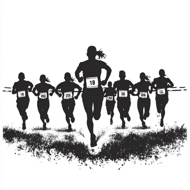 a group of runners in a silhouette format about to cross a finish line. on a white background --s 250