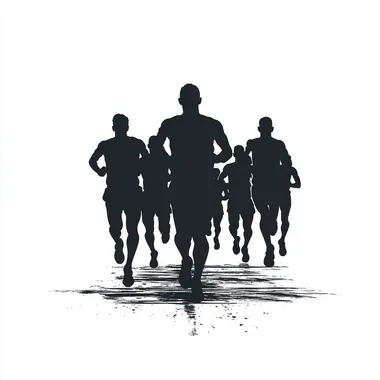 a group of runners in a silhouette format about to cross a finish line. on a white background --s 250