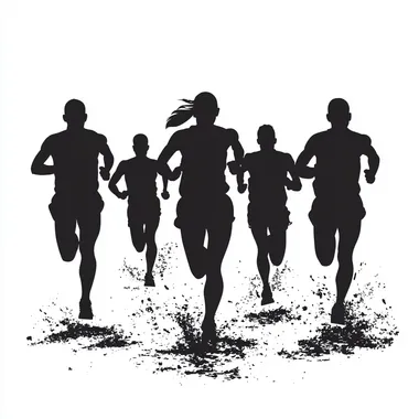 a group of runners in a silhouette format about to cross a finish line. on a white background --s 250