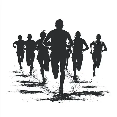 a group of runners in a silhouette format about to cross a finish line. on a white background --s 250