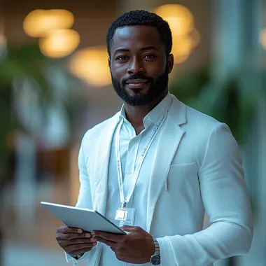 an african environmental, health, and safety manager holding tablet, clean white formal shirt attire and a lanyard identification badge --s 750
