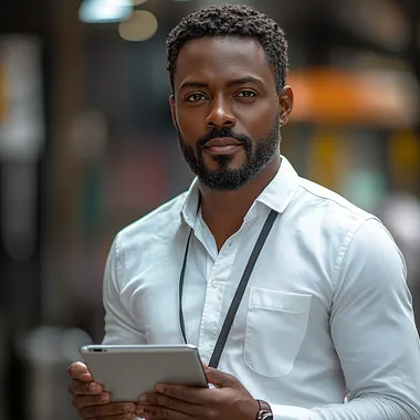an african environmental, health, and safety manager holding tablet, clean white formal shirt attire and a lanyard identification badge --s 750