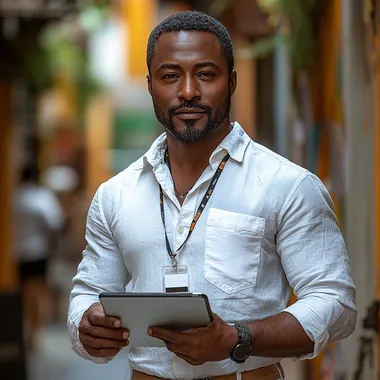 an african environmental, health, and safety manager holding tablet, clean white formal shirt attire and a lanyard identification badge --s 750
