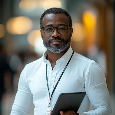 an african environmental, health, and safety manager holding tablet, clean white formal shirt attire and a lanyard identification badge --s 750