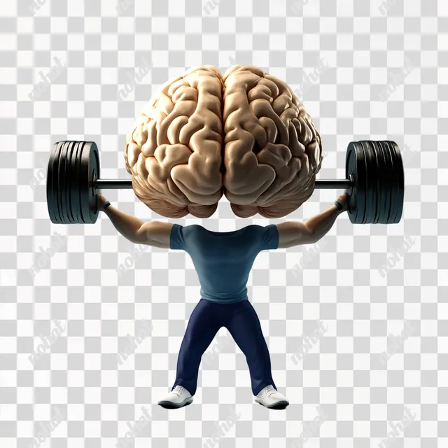 PNG Brain with arms and legs weightlifting in a gym setting.