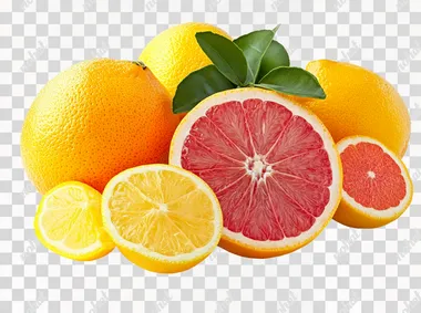 Bright assortment of citrus fruits, displayed on a clean white backdrop  --s 250