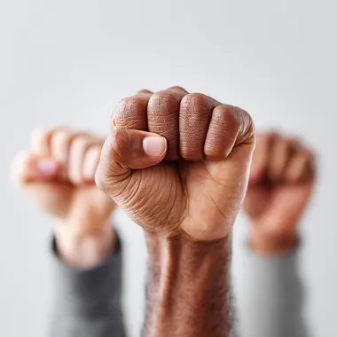 A stock photo of five people making fists, with a white background, a 3/4 angle view, high-resolution photography, insanely detailed, isolated on a white background, professional color grading, soft shadows, low contrast, clean sharp focus, and a film grain effect. --s 250   4oevbdj