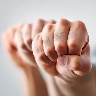 A stock photo of five people making fists, with a white background, a 3/4 angle view, high-resolution photography, insanely detailed, isolated on a white background, professional color grading, soft shadows, low contrast, clean sharp focus, and a film grain effect. --s 250   4oevbdj