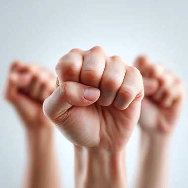 A stock photo of five people making fists, with a white background, a 3/4 angle view, high-resolution photography, insanely detailed, isolated on a white background, professional color grading, soft shadows, low contrast, clean sharp focus, and a film grain effect. --s 250   4oevbdj