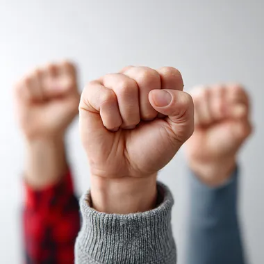 A stock photo of five people making fists, with a white background, a 3/4 angle view, high-resolution photography, insanely detailed, isolated on a white background, professional color grading, soft shadows, low contrast, clean sharp focus, and a film grain effect. --s 250   4oevbdj