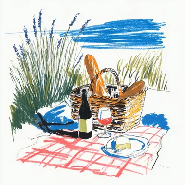 picnic setup in French countryside, basket with baguette and wine, checkered blanket, lavender fields in background, clean black and white line art, coloring book style