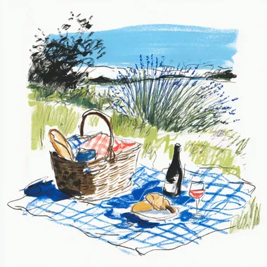 picnic setup in French countryside, basket with baguette and wine, checkered blanket, lavender fields in background, clean black and white line art, coloring book style