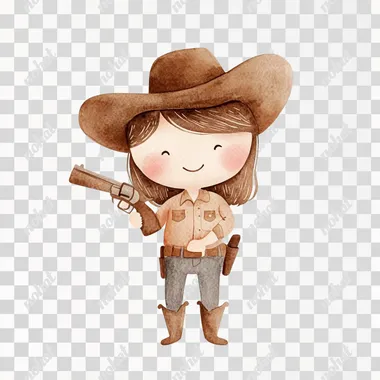 simple watercolor illustration of a Wild West brown hair happy sheriff girl with brown shirt and denimsgun cowboy in cowboy boots, in the style of Jon Klassen. isolated on a white background, minimal style, soft colors, children's book aesthetic, no shadows rofile drobq9j