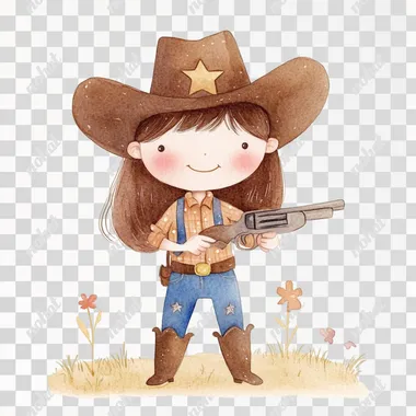 simple watercolor illustration of a Wild West brown hair happy sheriff girl with brown shirt and denimsgun cowboy in cowboy boots, in the style of Jon Klassen. isolated on a white background, minimal style, soft colors, children's book aesthetic, no shadows rofile drobq9j