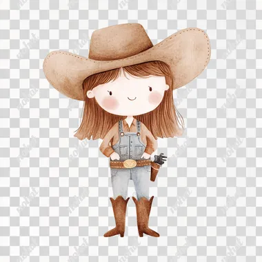 simple watercolor illustration of a Wild West brown hair happy sheriff girl with brown shirt and denimsgun cowboy in cowboy boots, in the style of Jon Klassen. isolated on a white background, minimal style, soft colors, children's book aesthetic, no shadows rofile drobq9j