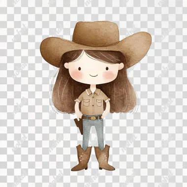simple watercolor illustration of a Wild West brown hair happy sheriff girl with brown shirt and denimsgun cowboy in cowboy boots, in the style of Jon Klassen. isolated on a white background, minimal style, soft colors, children's book aesthetic, no shadows rofile drobq9j