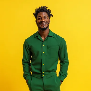 Studio shot of a 30 yr african male on a solid yellow background smiling and wearing a collared green long sleeve shirt and pants.