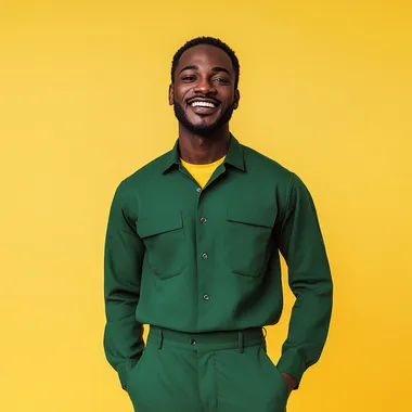 Studio shot of a 30 yr african male on a solid yellow background smiling and wearing a collared green long sleeve shirt and pants.