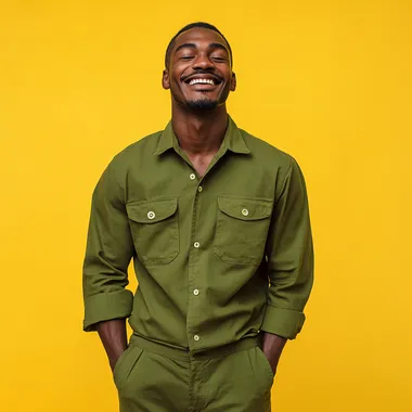 Studio shot of a 30 yr african male on a solid yellow background smiling and wearing a collared green long sleeve shirt and pants.