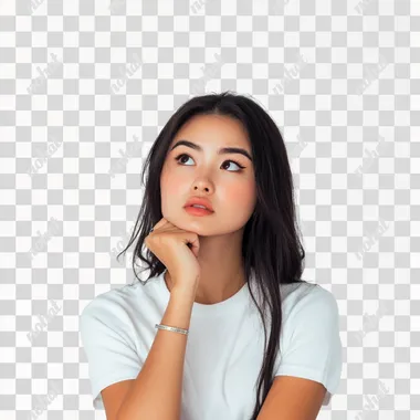 I need an Asian girl who is thinking about the look, a little annoyed, white background image, full of sharing vibes, similar to the cover image of a youtube blogger sharing content