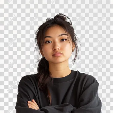 I need an Asian girl who is thinking about the look, a little annoyed, white background image, full of sharing vibes, similar to the cover image of a youtube blogger sharing content