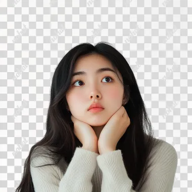 I need an Asian girl who is thinking about the look, a little annoyed, white background image, full of sharing vibes, similar to the cover image of a youtube blogger sharing content