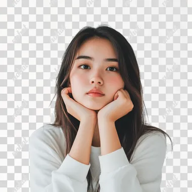 I need an Asian girl who is thinking about the look, a little annoyed, white background image, full of sharing vibes, similar to the cover image of a youtube blogger sharing content