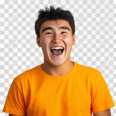 stock image of a young Kazakh man wearing an orange t-shirt. He is joyfully expressing his excitement, with a big smile on his face. The background should be white to highlight his emotions and the brightness of the t-shirt.